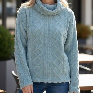 Eddie Bauer Pullover Fleece Small Sage Green Cable Cowl Neck Sweater 1905755
